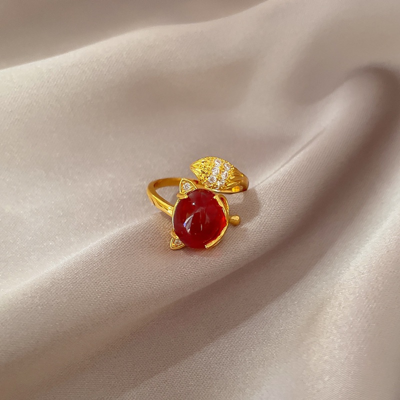 Cincin Titanium (Terbuka) Rubah Kristal Keberuntungan Lapis Emas 18K Cantik Perhiasan Wanita Korea