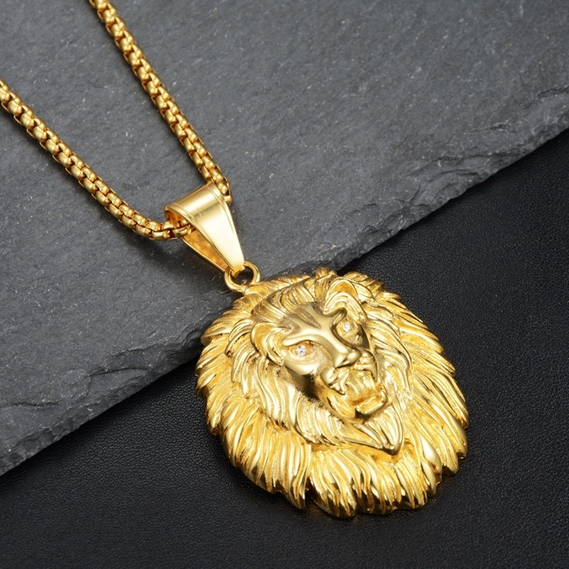 Kalung Liontin Kepala Singa Rambut Panjang Warna Emas Untuk Pria