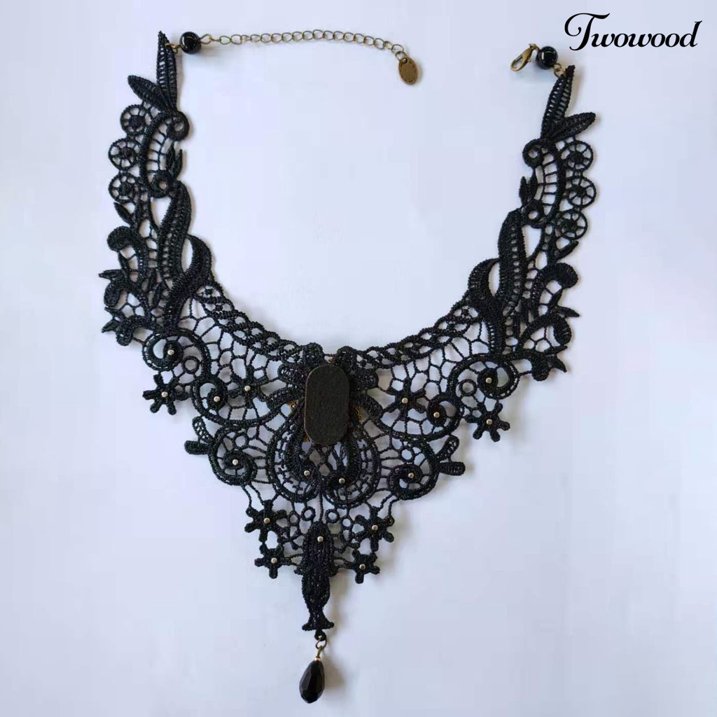 Kalung Choker Adjustable Model Hollow Out Aksen Renda Warna Hitam Untuk Wanita