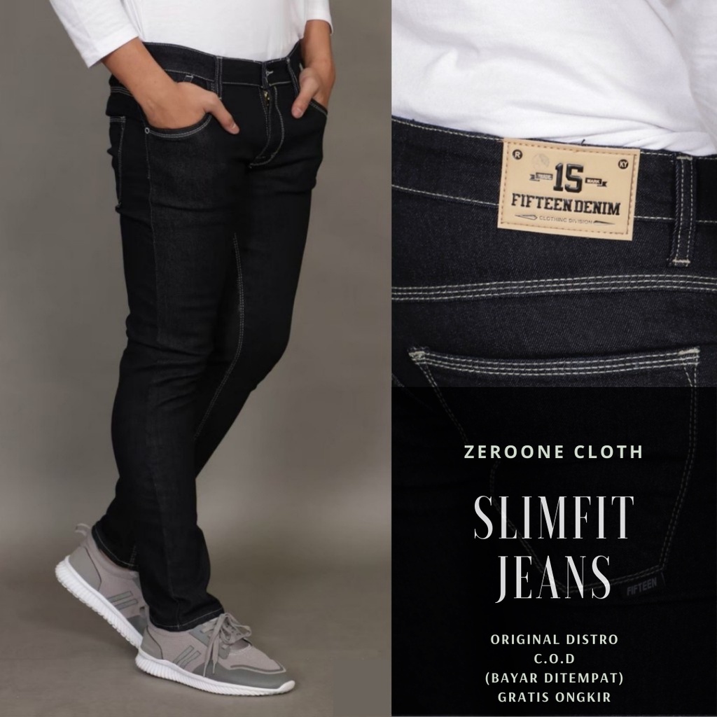 FIFTEEN DENIM - Celana Jeans Pria Slim Fit Streetch Original New Fifteen Denim / Celana Jeans Hitam-Black Garment