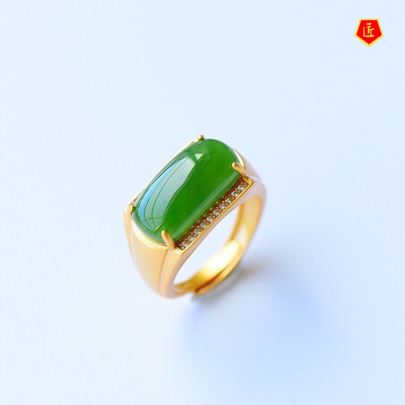 [Ready Stock]Elegant Inlaid Hetian Jade Gold Ring