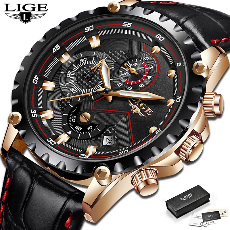 LIGE Original Jam Tangan Pria Fashion Tali Kulit Anti Air Kronograf Sports Jam Tangan 3 Days Arrive