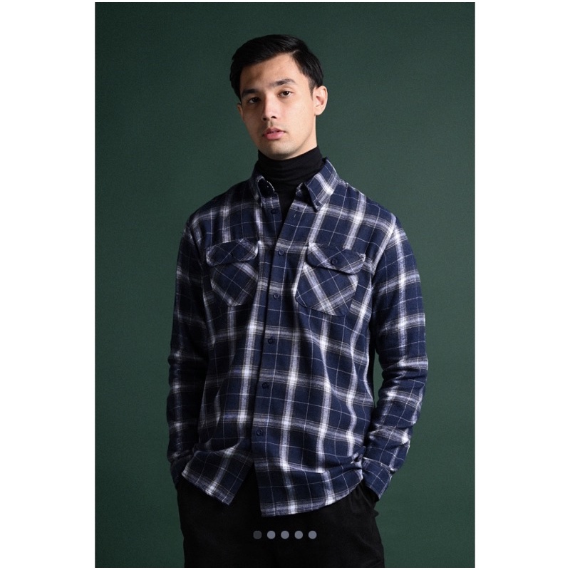 KEMEJA PREPP STUDIO ULTIMATE DOUBLE POCKET FLANNEL NAVY WHITE