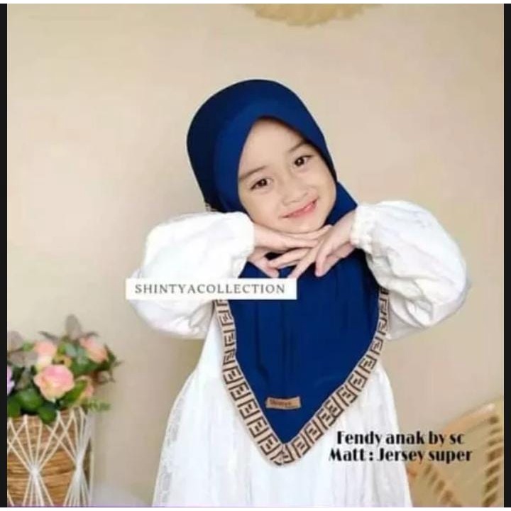 kerudung instan jersey bergo anak perempuan fendi umur 3-8 tahun bahan jersey hyget jumbo motif list tali serut ped antem terbaru