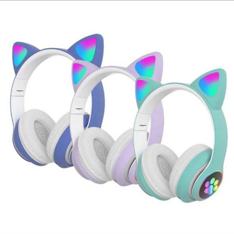 HEADSET BANDO CAT EAR HEADPHONE STN-28 BLUETOOTH LED WIRELESS STEREO BASS