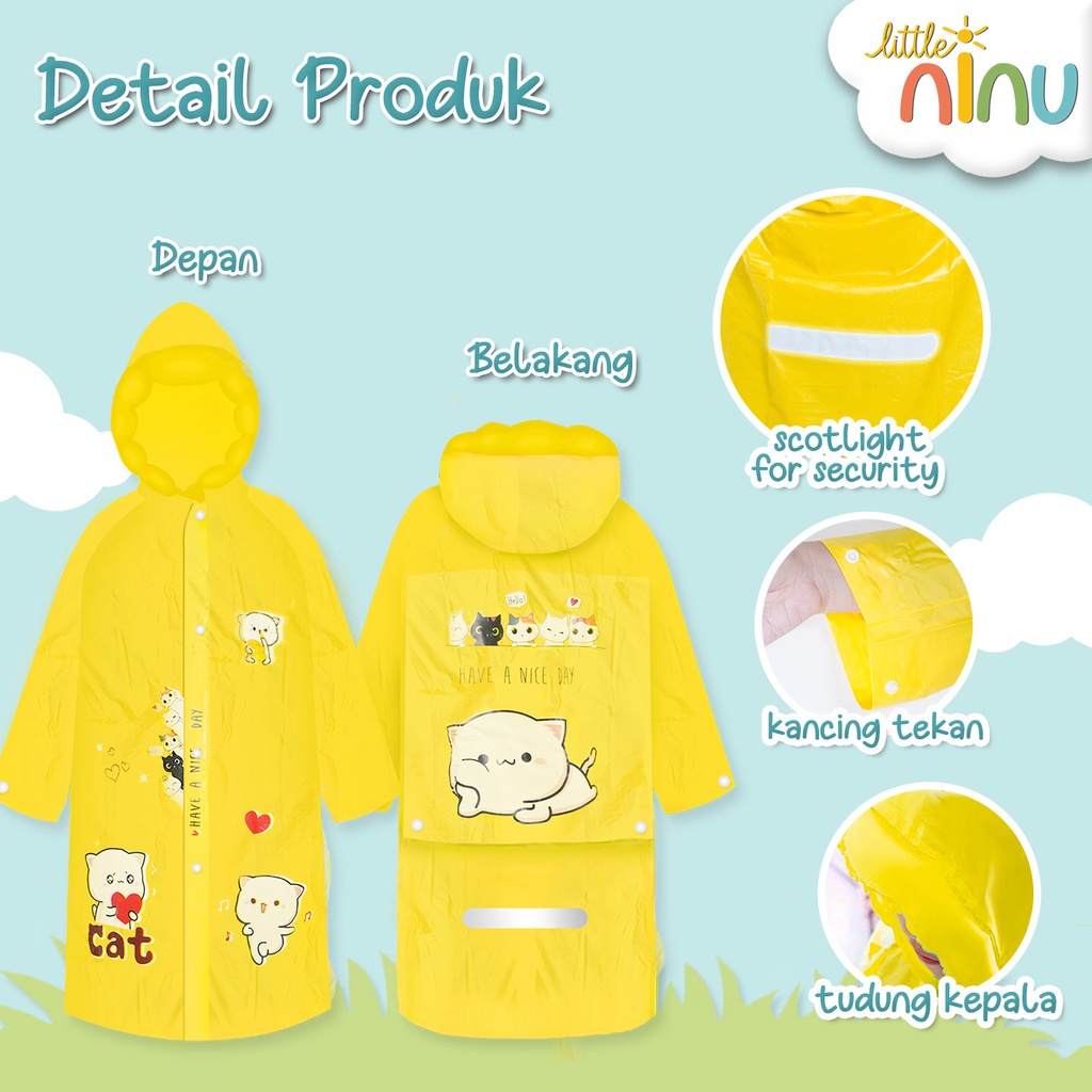 LITTLE NINU Jas Hujan Anak Mantel Ponco Ransel Karakter