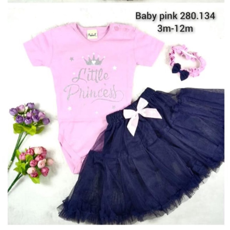 Baju Bayi Perempuan Setelan Jumper rok tutu 0-18 Bulan FREE BANDO pink tutu motif little princess