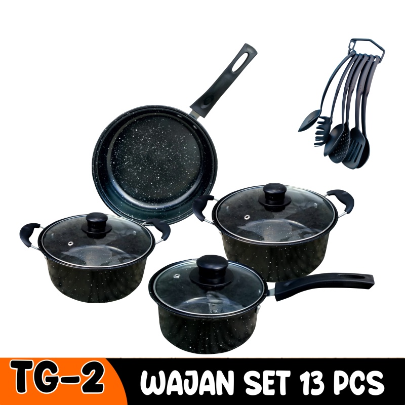 Panci 1 Set Teflon Marble 13 Pcs Cookware Set Tutup Kaca - WORLDDEKOR