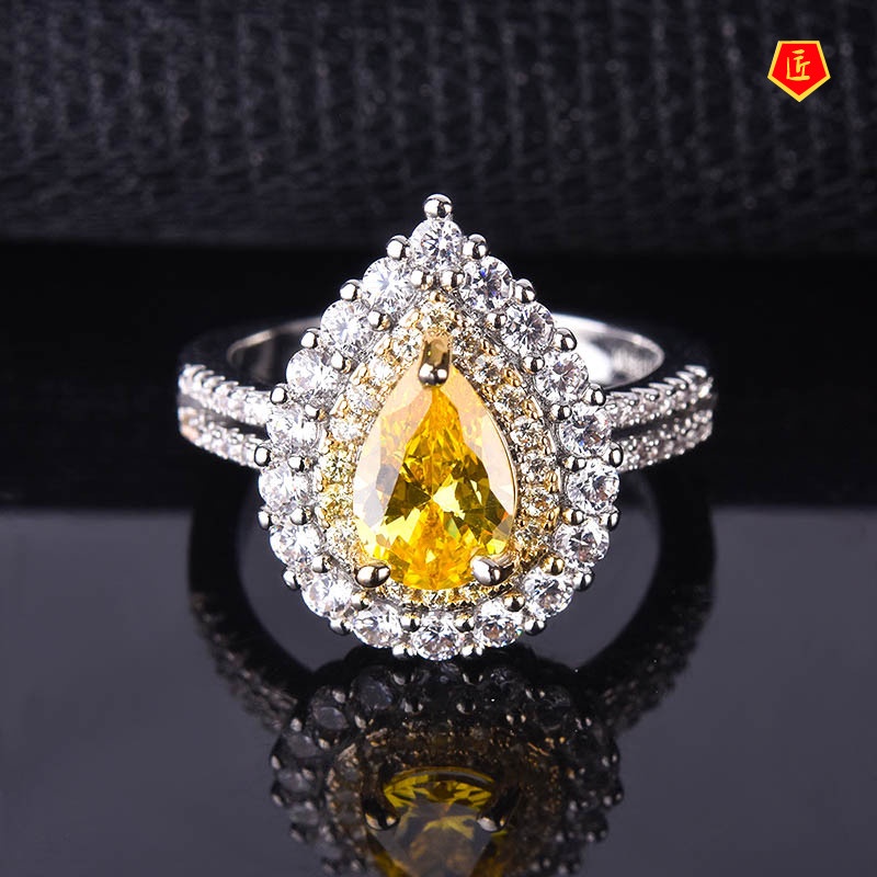 [Ready Stock]Inlaid Drop-Shaped Citrine Ring Luxury Full Diamond