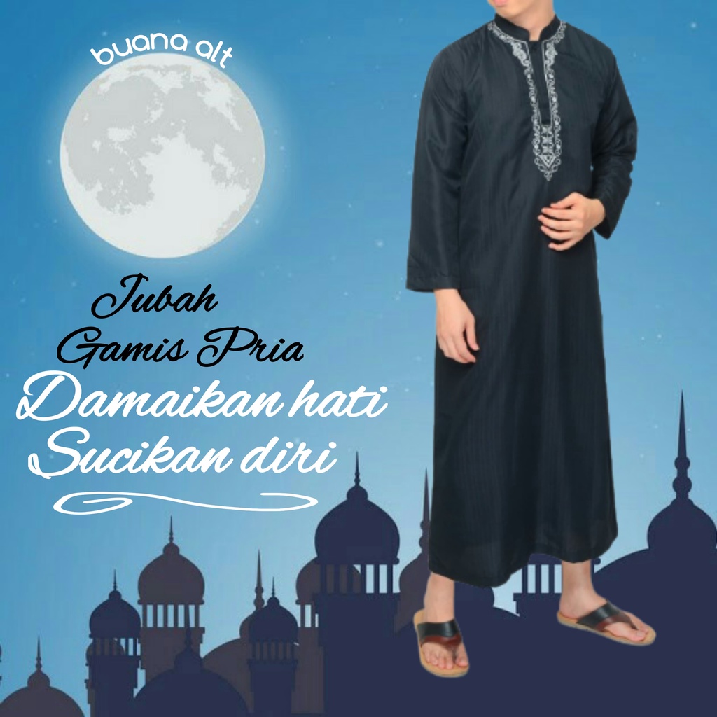 Gamis Pria Jubah Pria Laki Laki Dewasa Hitam Lengan Panjang Bordir