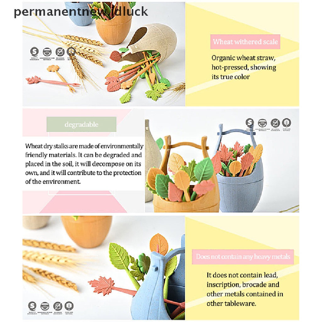 Set 16pcs Garpu Buah Kue Salad Bentuk Bunga Daun Bahan Jerami Gandum Dengan Ember