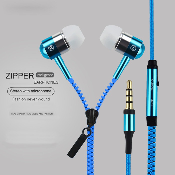 Zipper Earphone Handsfree Android/ Ios headset MP3 dengan microphone  hitam/merah/orange/pink/biru