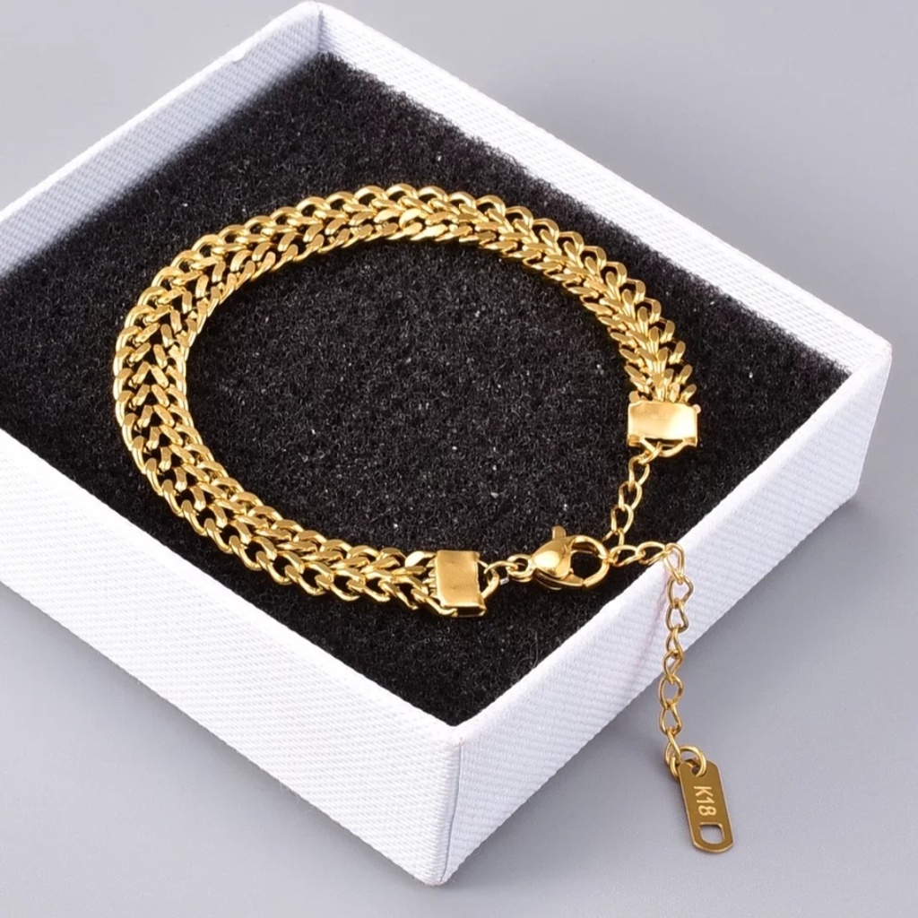Gelang Rantai Kuba Lapisan Ganda Warna Gold