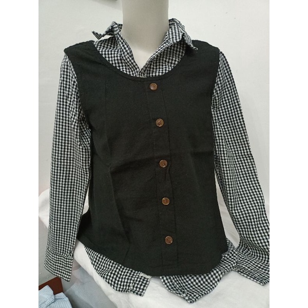 kemeja kotak kotak/rompi hitam/outer/ setelan atasan wanita