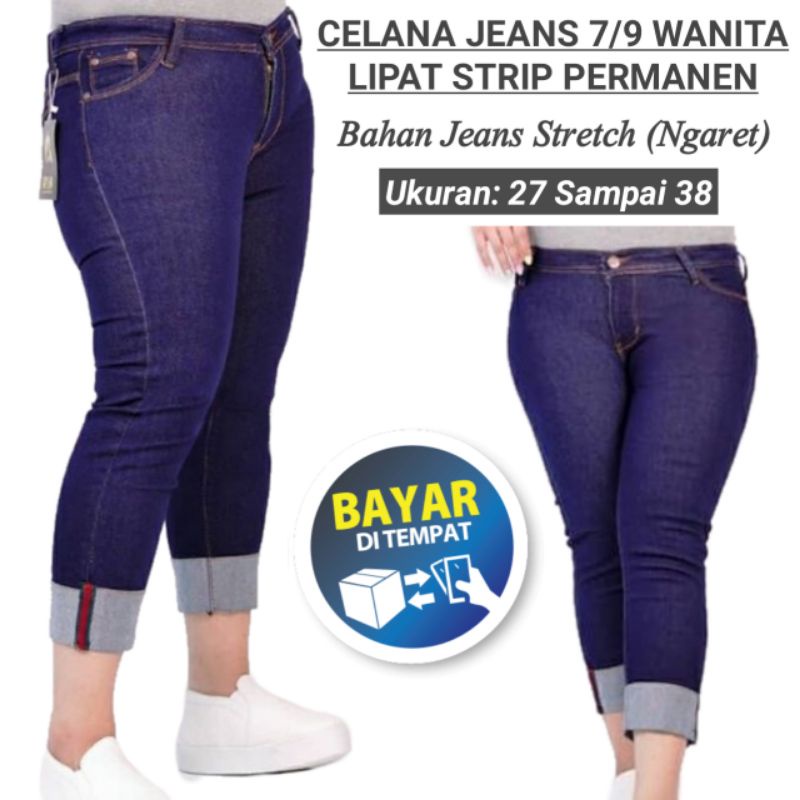 Celana Panjang 7/9 Wanita Jeans Stretch Karet Clana Jins Cewek Model Pinggang Kancing Lipat Bawah