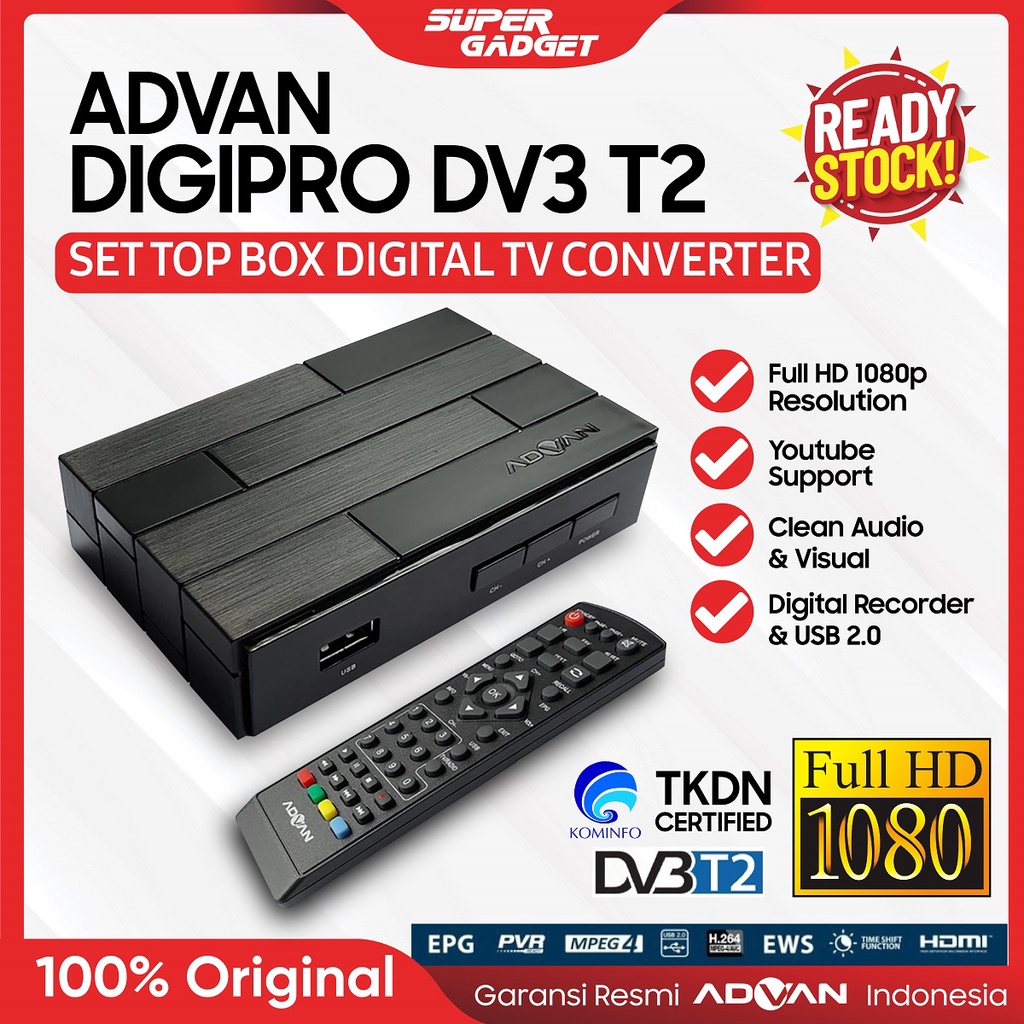 Set Top Box Advan DV3 T2 STB Digitv Digipro Antena Converter TV Tabung Analog Digital Alat Decoder Receiver Dekoder Reciver Antenna Black