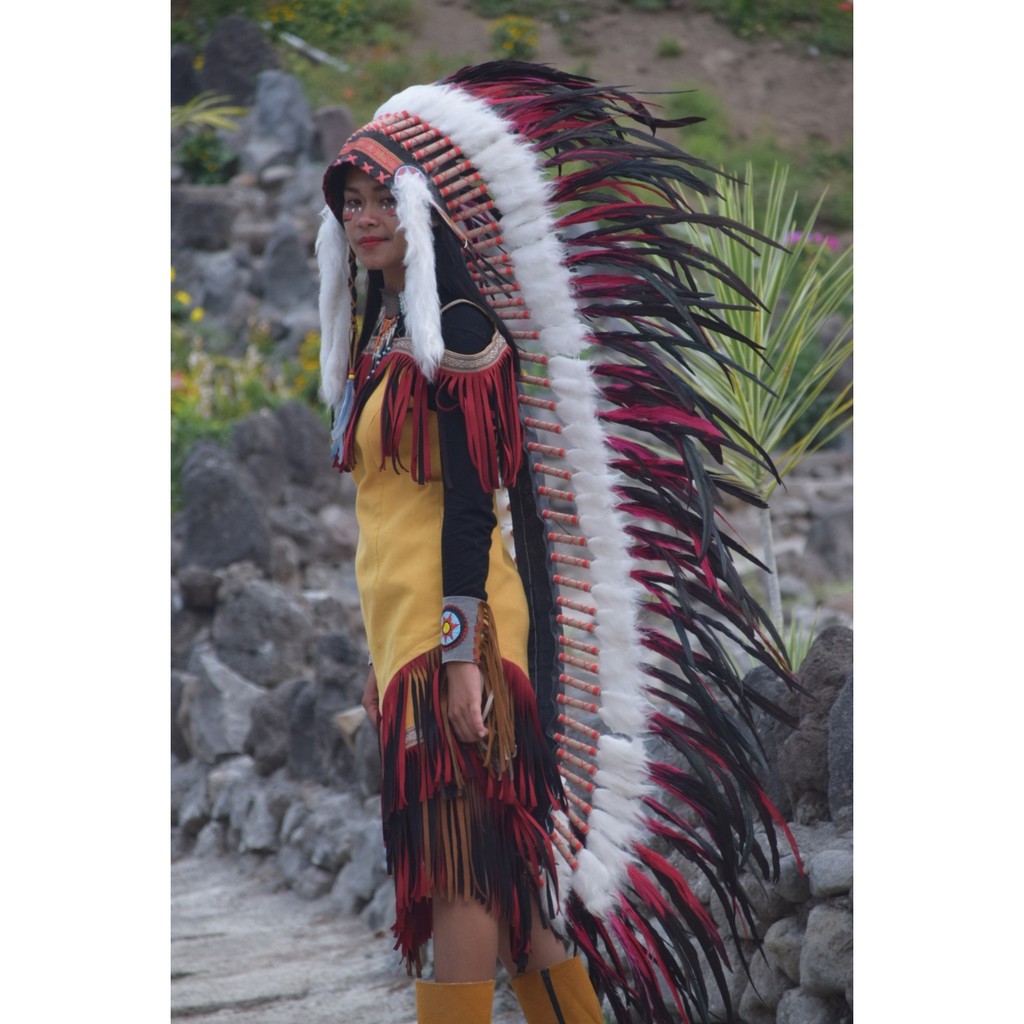 TOPI INDIAN - INDIAN HEADDRESS LONG AYAM BILABONG MERAH FUR PUTIH