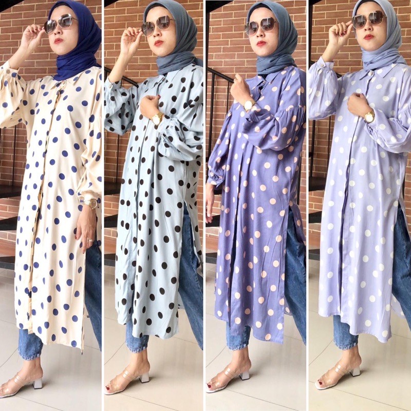 Baju Atasan Wanita Tunik Rayon Motif Polka Jumbo LD 110 Blus Lengan Balon Orlin Long Tunic