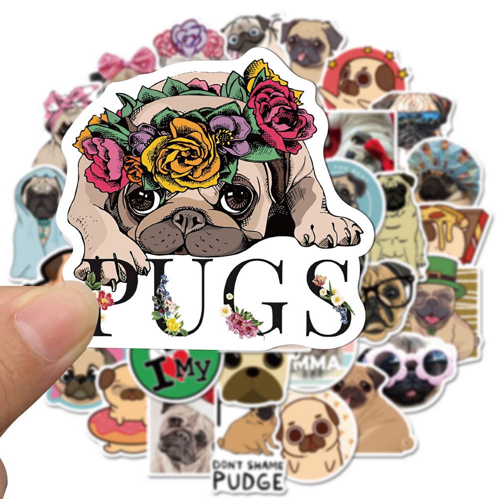 [In stock] 50pcs cute pug cartoon stickers, funny hand account stickers, children's toys, computer waterproof stickers