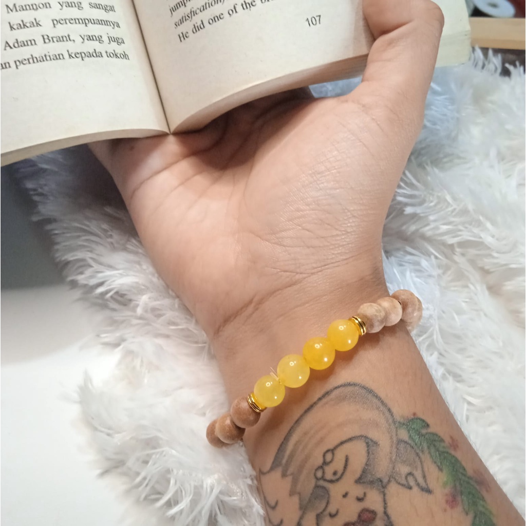 Gelang Batu Original Handmade Kayu Cendana Kombinasi Batu Alam Yellow Jade