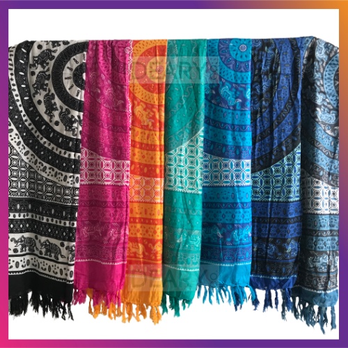 Kain Pantai Bali Rayon Motif Mandala Gajah &amp; Merak Ujung Rumbai | Deary Co Bali