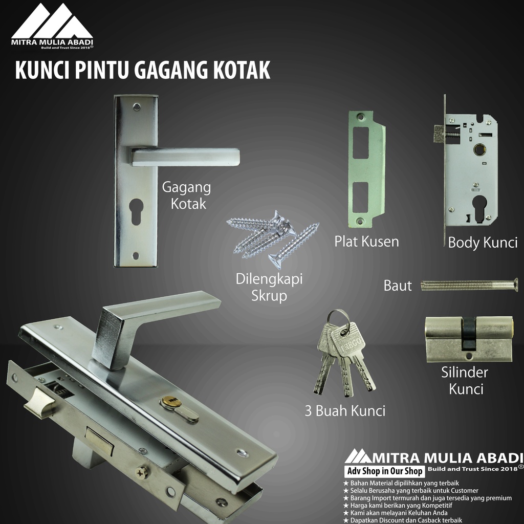 Kunci Pintu Silinder Trego Set Komplit Handle Kotak | 20 cm Gagang Handle Pintu Rumah