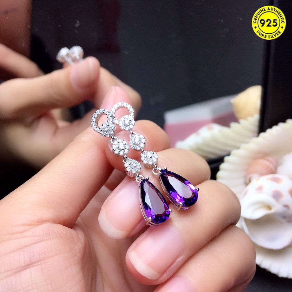 Anting Giwang Panjang Mewah Dengan Amethyst + Berlian Imitasi Untuk Wanita