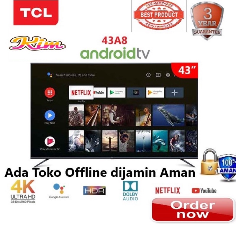 LED TCL 43 inch 43A8 Android 9 - UHD 4K Garansi Resmi