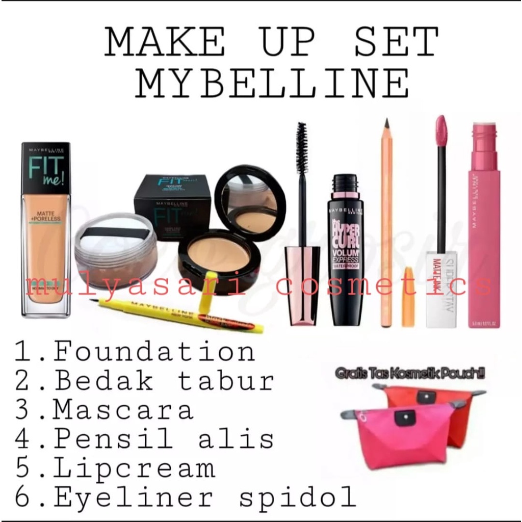 Paket Makeup Maybelline Fit Me Komplit 7 In 1 / Paket Kecantikan / Paket Kosmetik Maybelline 7 in1 + Gratis Tas Kosmetik Pouch