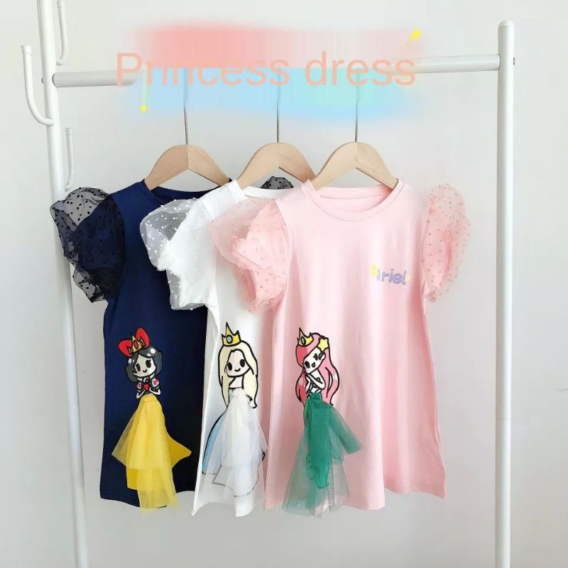 Dress princess baju gaun katun lengan puff renda mini Import