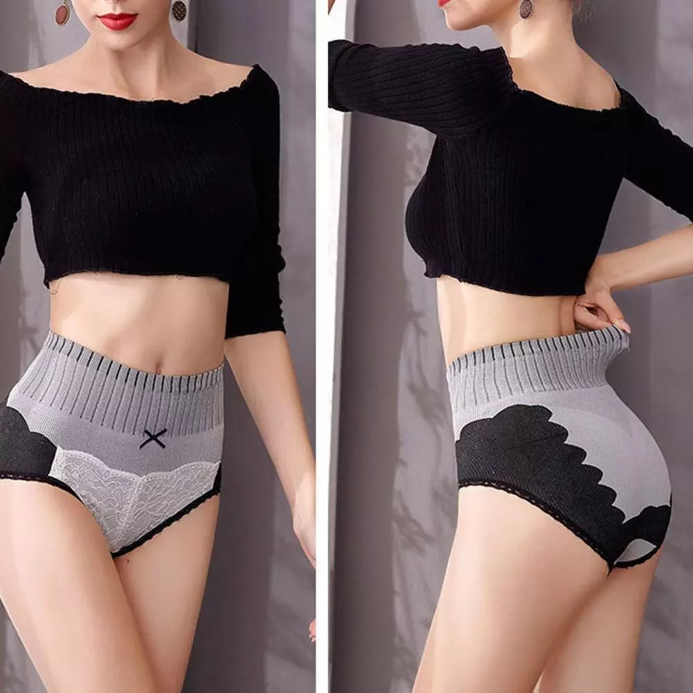 Alibaba1688 Celana Dalam High Waist Korset Slimming Pants Renda Pakaian Dalam Wanita Motif Pita Brukat Import