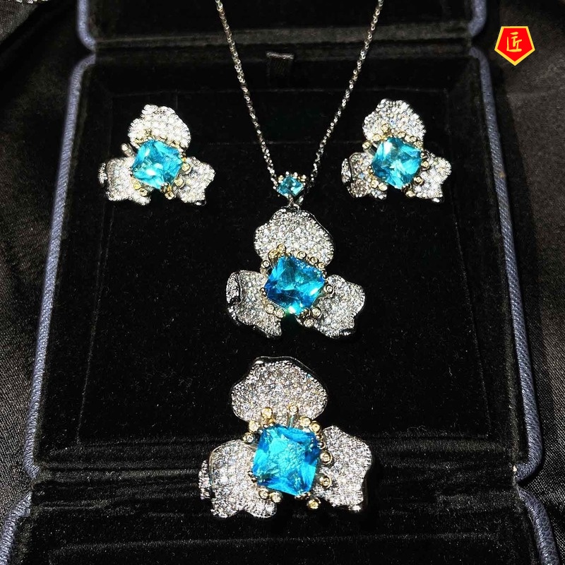 [Ready Stock]Jewelry Flower Stud Earrings Elegant Blue Topaz Ring Necklace Set