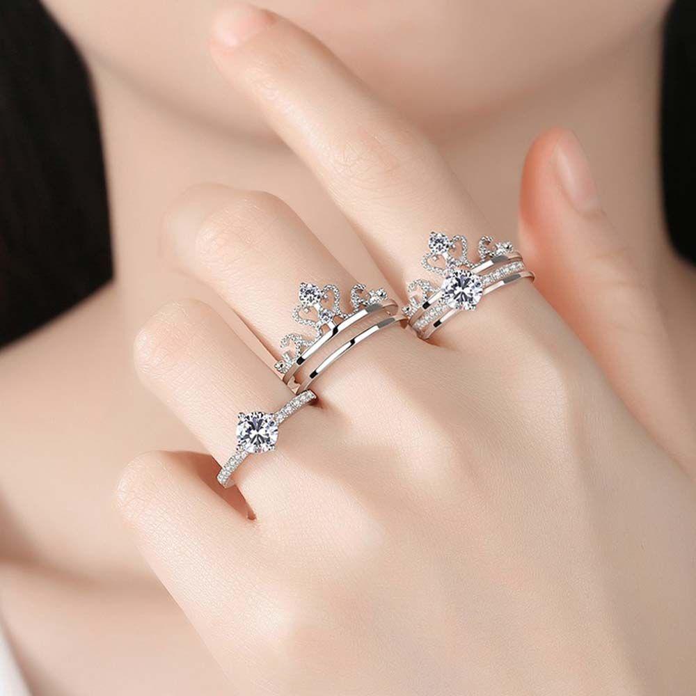 Needway Pembukaan Cincin Pernikahan Adjustable Wanita Mahkota 2in1 Zirkon Fashion