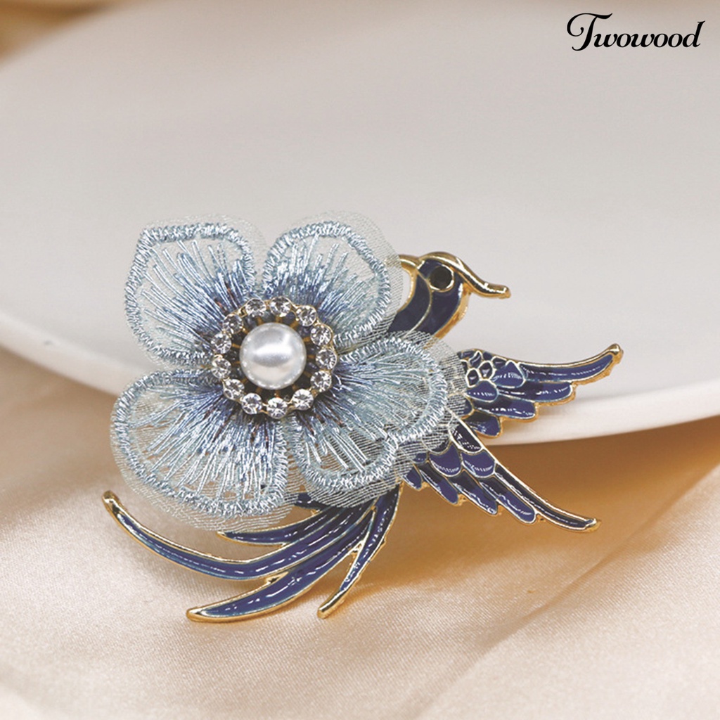 Twowood Embroidery Flower Lapel Pin Enamel Bird Alloy Faux Pearl Rhinestone Brooch Pin Costume Accessories