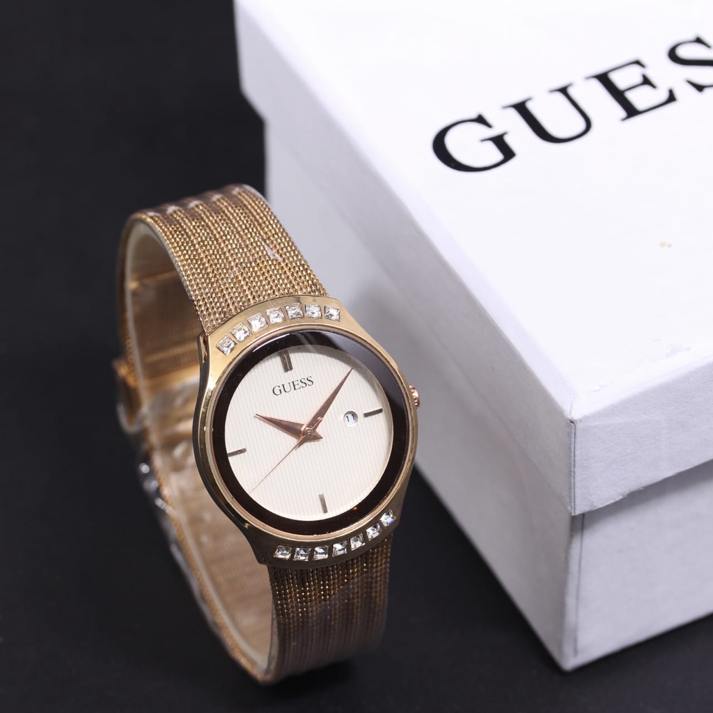 Jam Tangan Wanita Fashion E3100V Tali Rantai Pasir Tanggal Aktif Free Box Exclusive &amp; Baterai