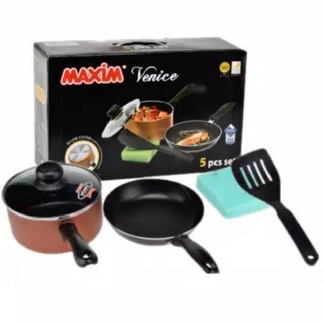 MAXIM Venice 5 Set/ Fry pan + Panci Tutup Kaca + Spons + Spatula