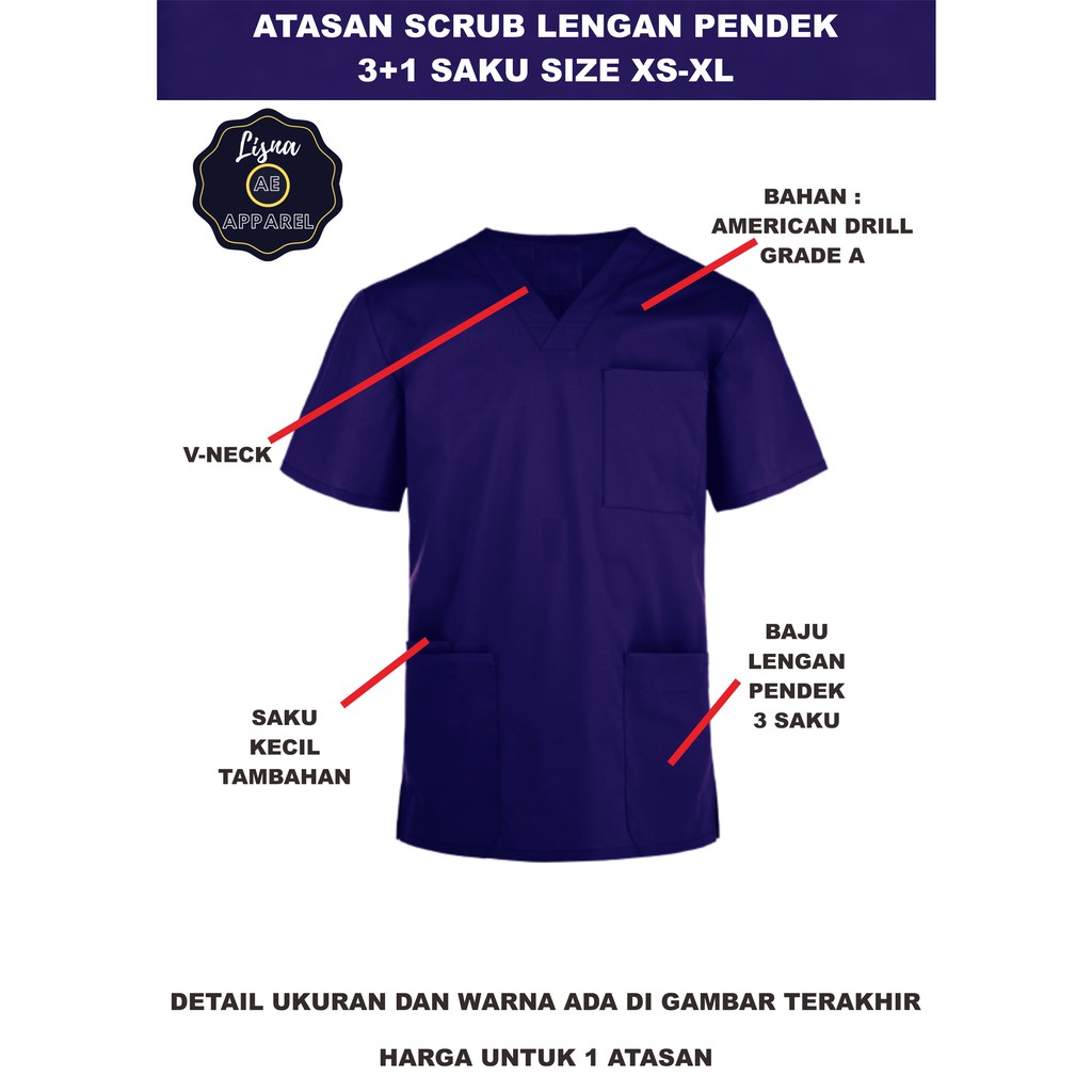 Atasan Scrub APD OKA 3+1 Saku Lengan Pendek American Drill Ukuran XS-XL