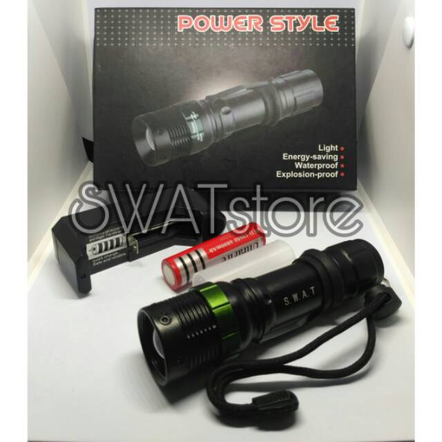 Senter Police Swat 1866 Power Style Led Zoom Fokus Q5 99000 Watt + Baterai Recharge 18650 + Charger