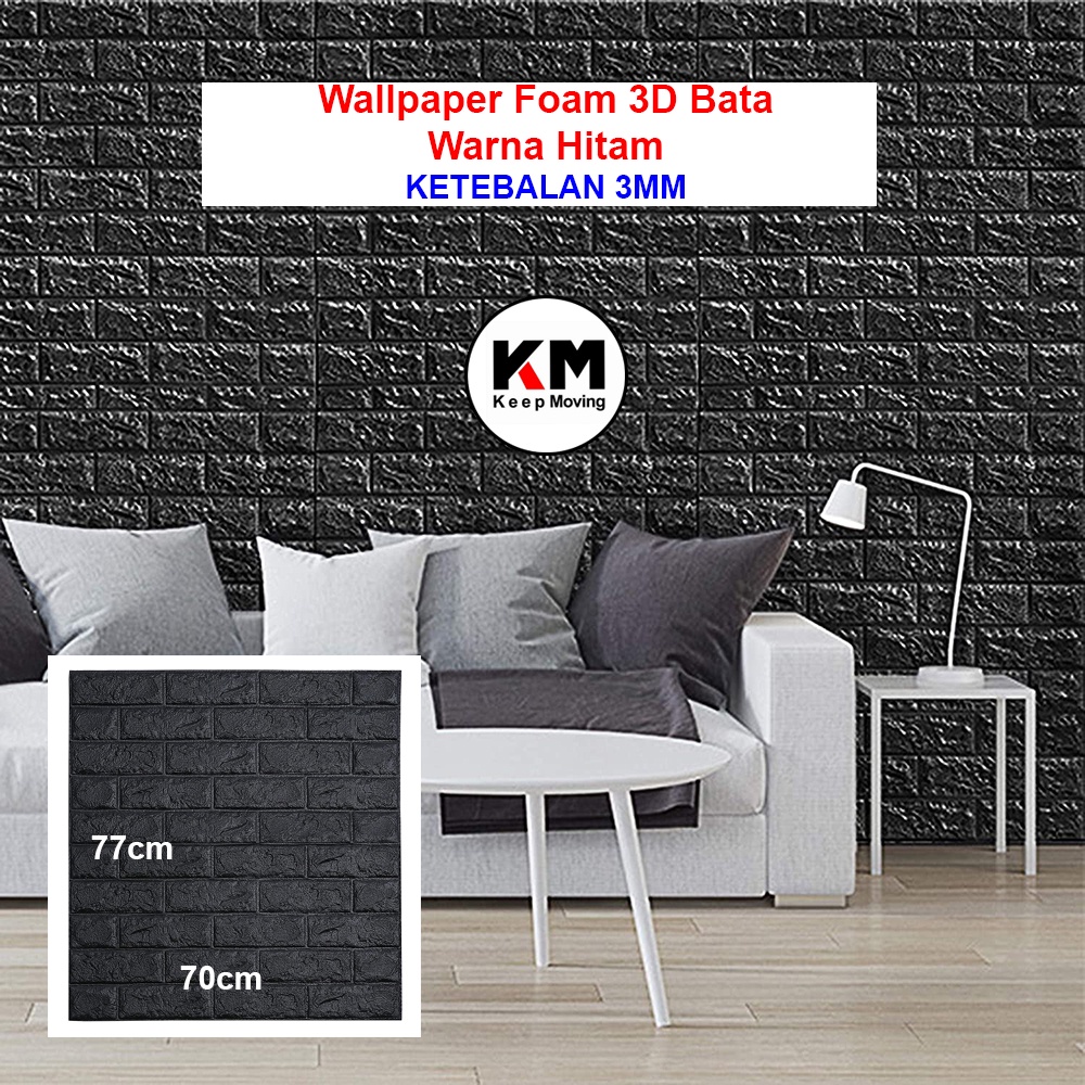 KM Wallpaper Foam 3D Bata Warna Hitam Premium Wall Paper Sticker Wallpaper Foam Bata Stiker