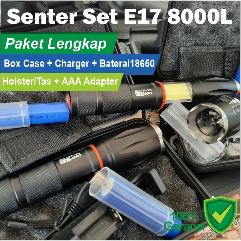 Senter Lengkap LED Torch Cree XM-L T6 + Charger + Box - E17 COB - Paket Lengkap Senter