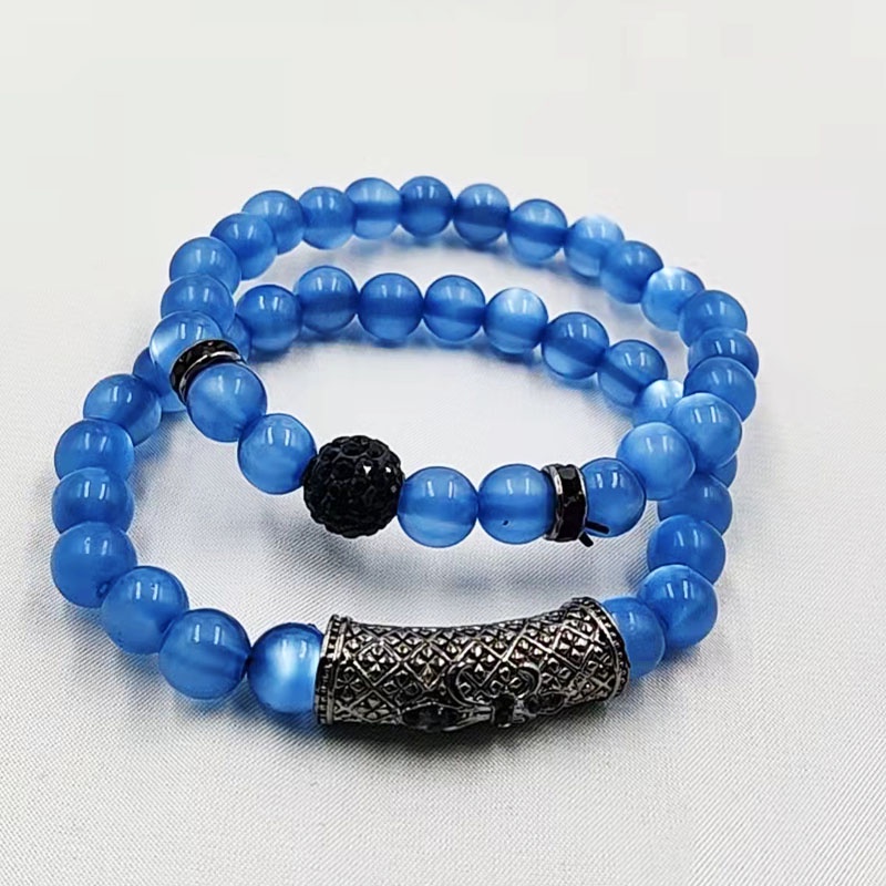 Perhiasan Gelang Tangan Pria Hias Manik Batu Mata Harimau Biru Frosted Mikro-Paved Zircon Casual