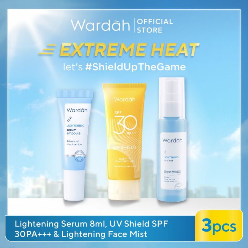 Wardah Paket Hemat isi 3 macam (lightening Facemist, Sunscreen spf 30kuning, lightening serum kecil)