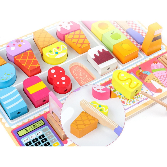 KABI Wooden ICE CREAM SHOP Board Puzzle Game / Mainan Kayu Pretend Play Anak Masak-Masakan / Mainan Pretend Kasir Toko Es Krim / Mainan Toko Ice Cream Anak / Mainan Edukasi Puzzle Kayu Berkualitas