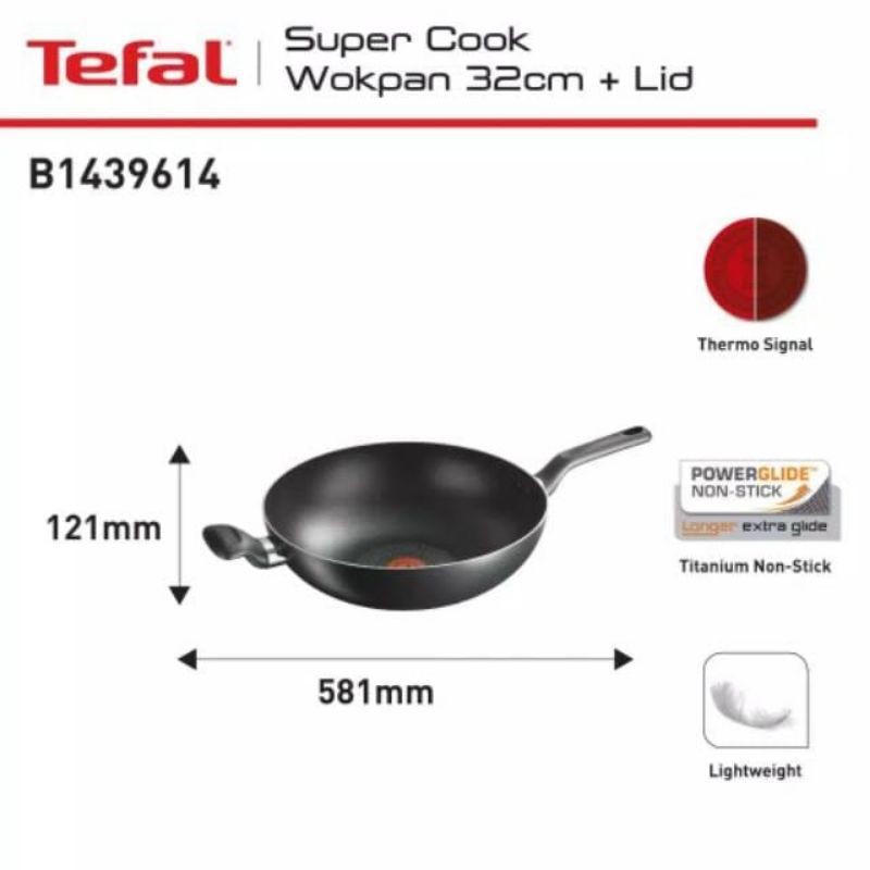 Tefal Super Cook Wok Pan with Lid 32cm Teflon Anti Lengket Original