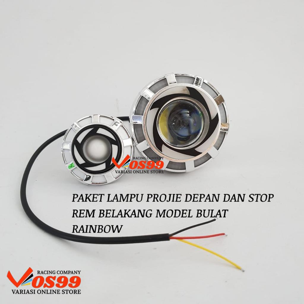 PAKET LAMPU PROJIE DEPAN 2.5 INCH LED DAN LAMPU STOP REM BELAKANG PROJIE MODEL - RAINBOW