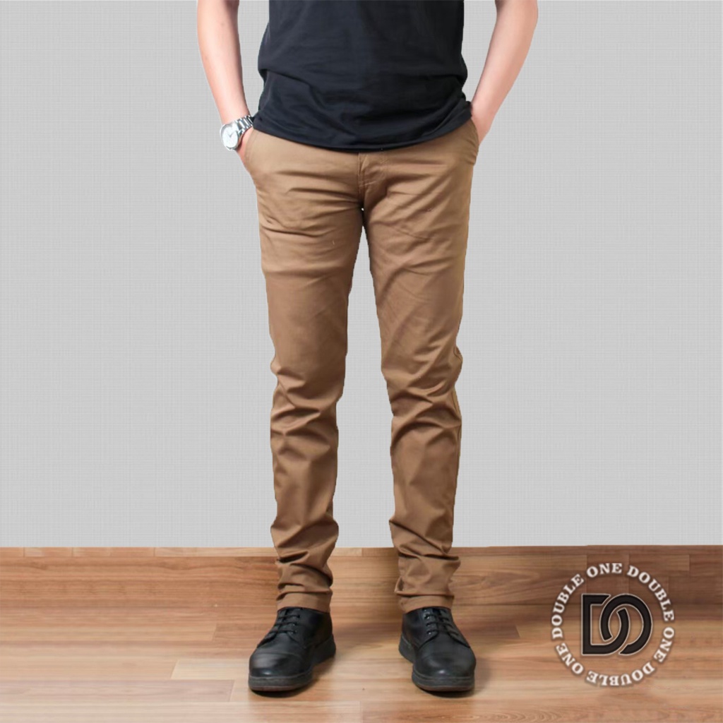 DOUBLE ONE - Celana Chino Panjang Slimfit Cream / Celana Chino Stretch / Celana Panjang Pria / Celana Chino Premium