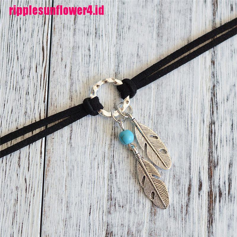 Kalung Choker Dengan Liontin Bulu Gaya Bohemian