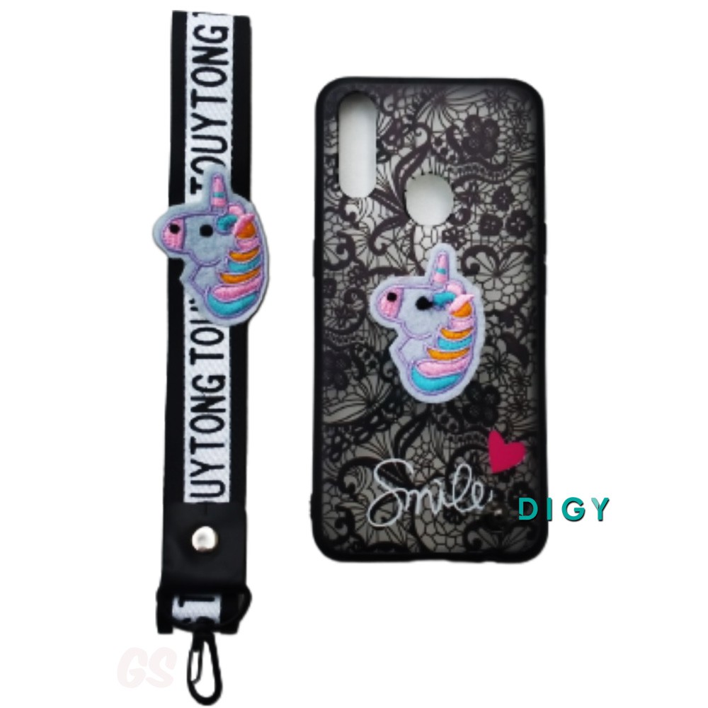 Case OPPO A8 A31 Bordir Motif bunga Plus Gantungan  Case Bordir Hardcase  Flower Unicorn