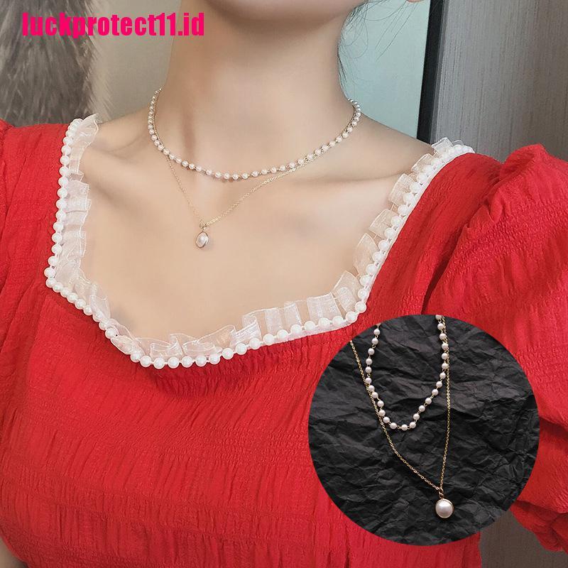 Kalung Rantai Choker Liontin Mutiara Lapisan Ganda Untuk Perempuan