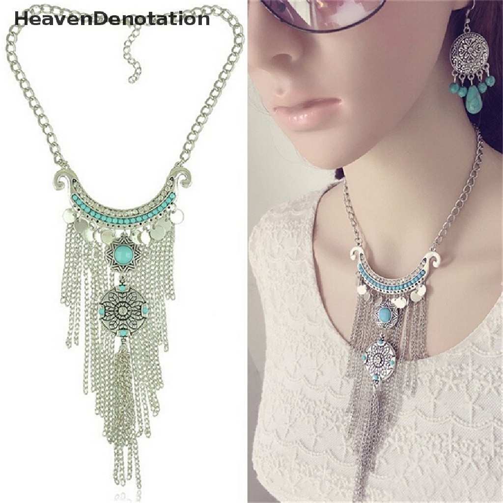 Kalung Rantai Panjang Liontin Rumbai Turquoise Gaya Retro Bohemian Gipsi